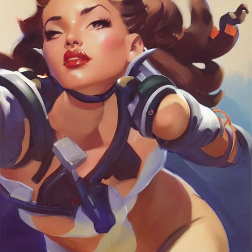 Prompt: greg manchess portrait painting of overwatch's characters as pinup art, medium shot, asymmetrical, profile picture, organic painting, sunny day, matte painting, bold shapes, hard edges, street art, trending on artstation, by huang guangjian and gil elvgren and sachin teng