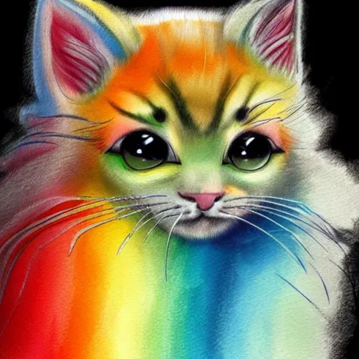 Image similar to wide angle full body, of a fluffy cute rainbow kitten wearing a black leather motorcycle jacket, concept art