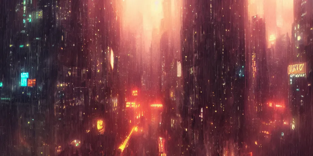 Image similar to bladerunner city, Makoto Shinkai, filmed, flying cars, raining, night, trending on ArtStation, oppressive lighting, trending on artstation, very detailed