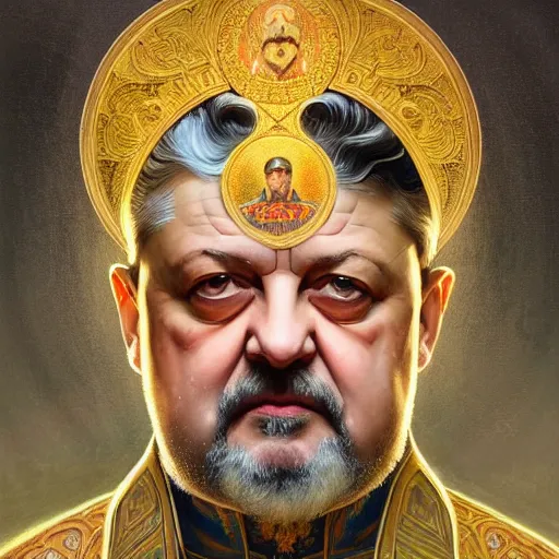 Image similar to symmetry!! intense portrait of petro poroshenko, saint, intricate, elegant, highly detailed, my rendition, digital painting, artstation, concept art, smooth, sharp focus, illustration, art by artgerm and greg rutkowski and alphonse mucha