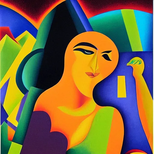 Prompt: woman as the natural landscape, her curves form the mountains and rivers of the land , high quality art in the style of cubism and georgia o’keefe,