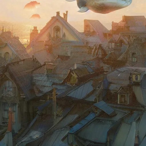 Image similar to Whales in the sky over the rooftops, highly detailed, digital painting, artstation, illustration, art by artgerm and greg rutkowski and alphonse mucha