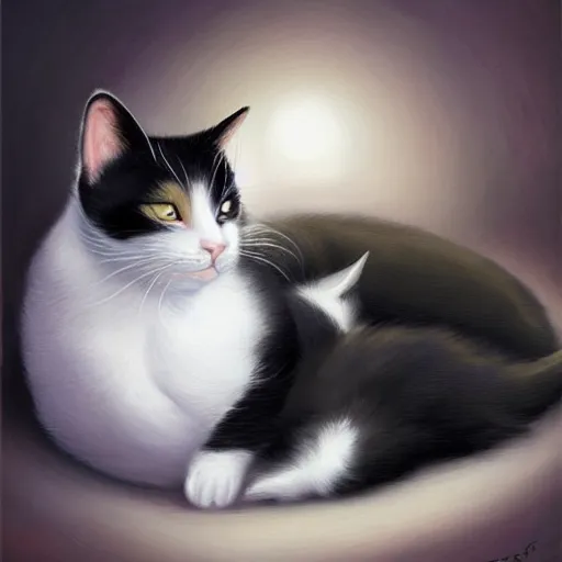 Image similar to a black and white cat and a calico cat sleeping peacefully together in cat heaven, puffy clouds, dreamy, painted by Tyler Edlin