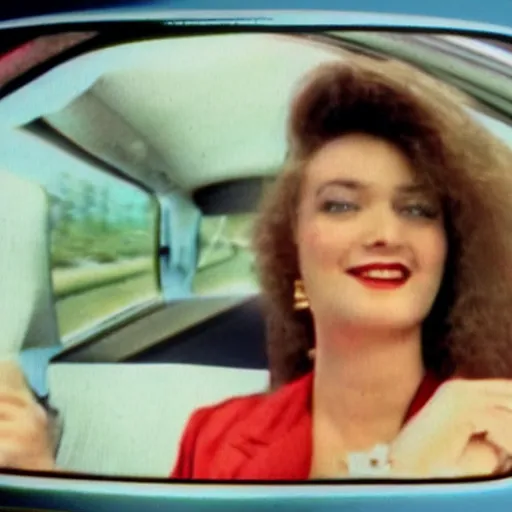 Prompt: vintage 90s VHS video still of a woman on a commercial promoting a new 90s car, realistic photo