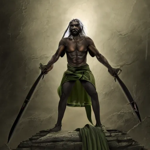 Image similar to a photo of a man with dark green skin and long silver hair, his eyes are powerfully glowing red, he is in commoners clothes standing on a cobblestone platform, he has a shortbow strapped to his back and he is holding a short sword in one hand, trending on artstation, digital artwork, cinematic lighting, 4K, very full detail, amazing artwork, trending on Behance award-winning art