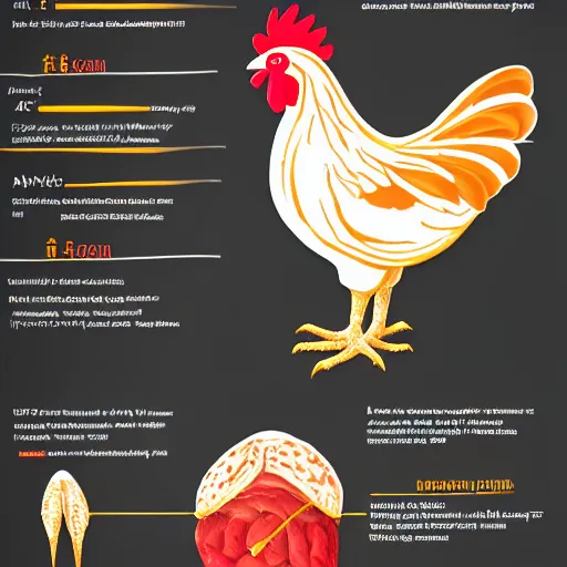 Image similar to infographic draw cut in half of a chicken explaining function and organs position, higly detailed, 8 k, photorealistic, art concept, artstation, sharp focus