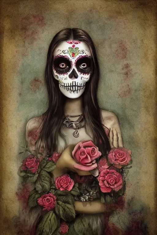 Prompt: Illustration of a sugar skull day of the dead girl, art by katia chausheva