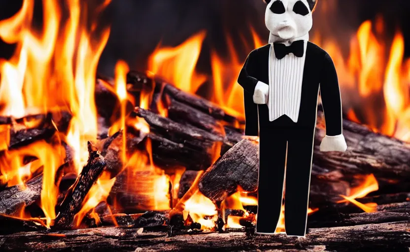 Image similar to a man wearing a tuxedo sitting in the middle of a bonfire