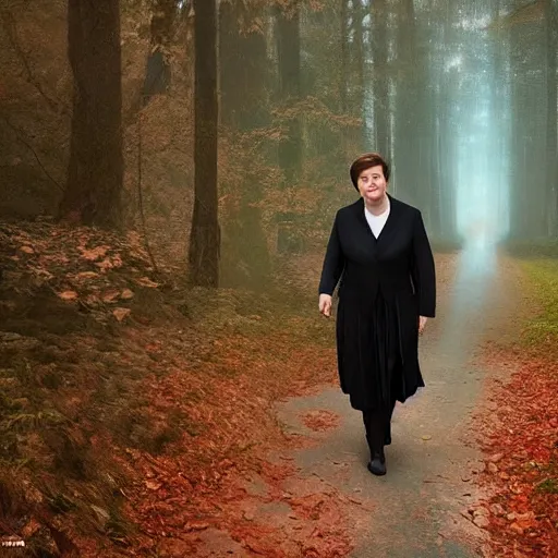 Image similar to supreme court justice elena kagan going for a walk in the woods, digital art by ruan jia and mandy jurgens and artgerm, highly detailed, trending on artstation, award winning