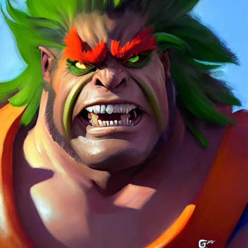 Image similar to Greg Manchess portrait painting of Blanka as Overwatch character, medium shot, asymmetrical, profile picture, Organic Painting, sunny day, Matte Painting, bold shapes, hard edges, street art, trending on artstation, by Huang Guangjian and Gil Elvgren and Sachin Teng