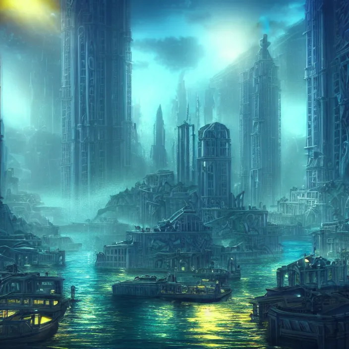 Prompt: hyper realistic, high detail photo of city of atlantis, underwater, lights on buildings, beautiful, dreary lighting