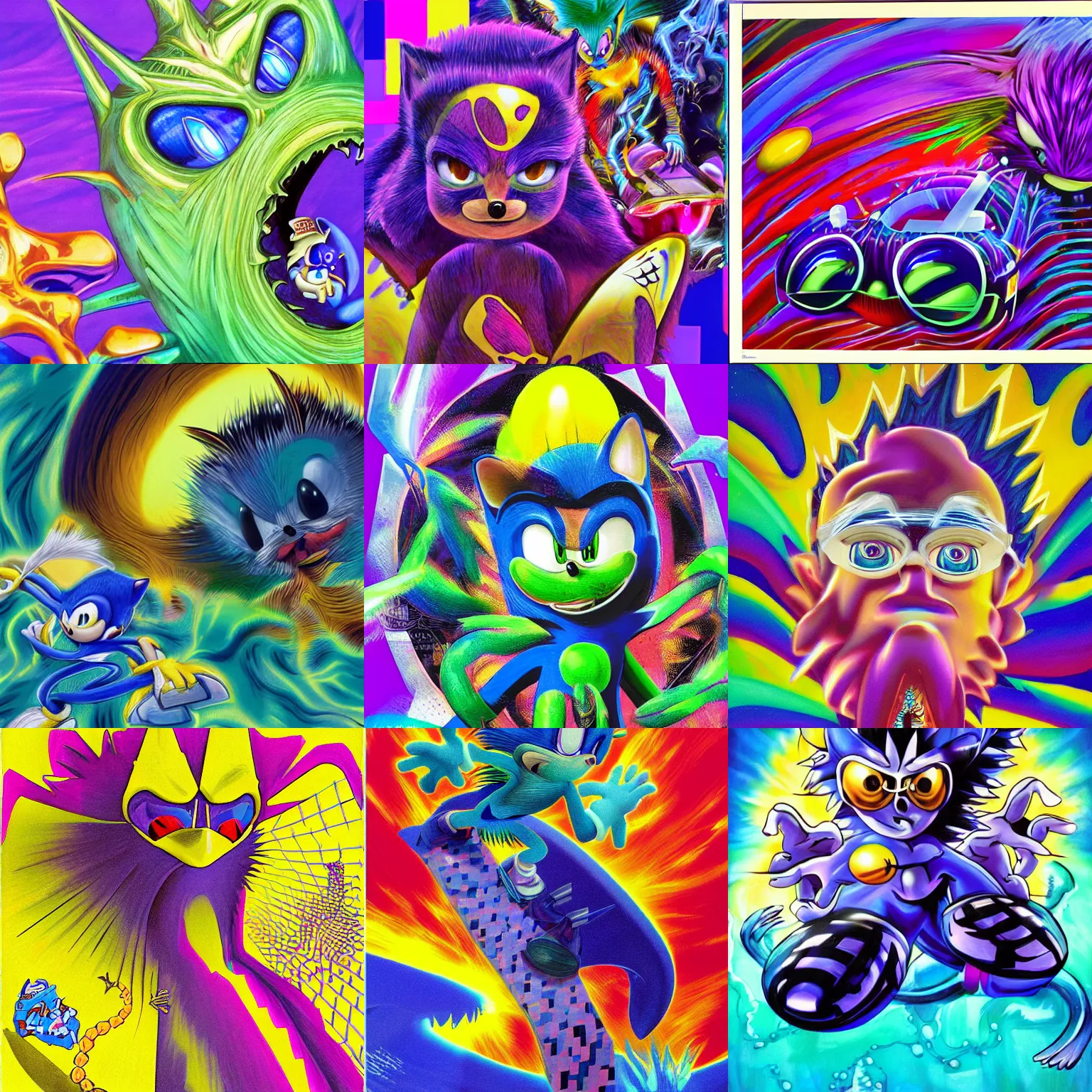 Prompt: surreal, sharp, detailed professional, high quality portrait sonic airbrush art portrait of a liquid dissolving LSD DMT sonic the hedgehog surfing through cyberspace, purple checkerboard background, 1990s 1992 Sega Genesis video game album cover