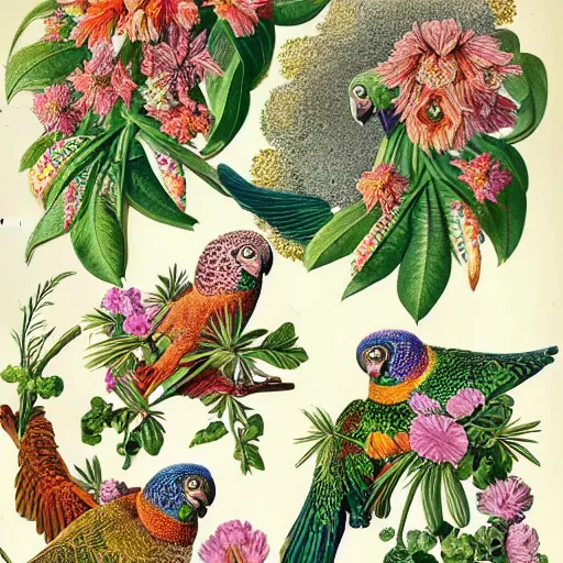 Image similar to beautiful elegant ernst haeckel fauna illustration of many greek cheek conures and flowers