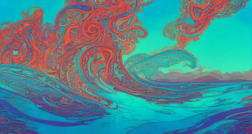 Prompt: [ palate ] [ turquoise orange and magenta ] terrifying psychedelic ⛈ ocean waves 🌊, giant 🚢 merchant shipyard, paisley pattern sky, backlit, 🌅, refracted lighting, outdoors, paisley pattern, elegant, 8 k resolution, intricate and fine details, digital painting, artstation, illustration, psychedelic ocean art, krenz cushart, alphonse mucha