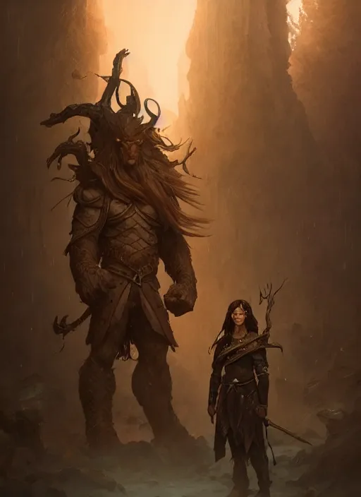 Prompt: Handsome brown haired elven warrior standing beside a large golem made of wood. Haughty look. In style of Hyung-tae Kim, Greg Rutkowski and Larry Elmore, concept art, trending on ArtStation, Korean MMORPG, over-detailed art, 8K, epic, dynamic lightning, scenery.