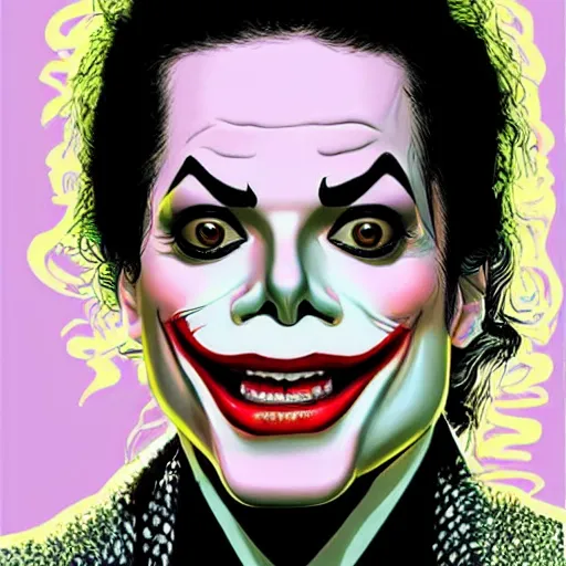 Image similar to michael jackson as the joker laugh on camera, with his hand make unappropriate sign. facial features, symmetrical anatomy, hyperdetailed, coloured comic, baroque, pop punk art style, fantasy, body features, posse features, without duplication, art by artgerm and ilya kuvshinov and vinicius gud and gustavo zambelli, intricate.
