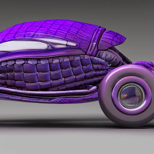 Prompt: a purple sports car shaped like a trilobite, ribs, scales, plates, octane engine, hd