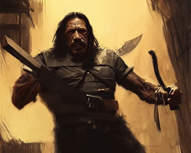 Image similar to danny trejo as machete, black vest, sharpening knives halloween night, by greg rutkowski and frank frazetta, intricate, artstation, cinematic, style of magic : the gathering