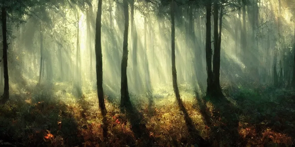 Image similar to A Craig Mullins oil painting of a hauntingly beautiful forest in the morning with straight vertical trees; rays of light coming through the canopy; trending on artstation; extraordinary masterpiece!!!!!!; 8k