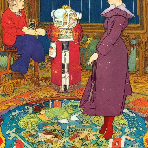 Prompt: detailed Ivan Bilibin and Edmund Dulac and James Jean inspired painting of mech robots having tea with the queen of England in 1953.