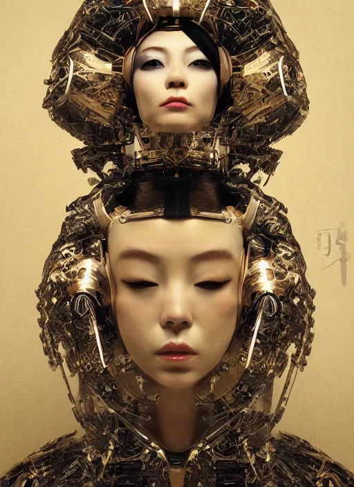 Prompt: portrait of a sensual futuristic geisha cyborg with headpiece, kintsugi, modern fine art, fractal, in the style of ghosts in the shell, intricate ornaments, elegant, highly detailed, digital photography, subsurface scattering, by jheronimus bosch and greg rutkowski,