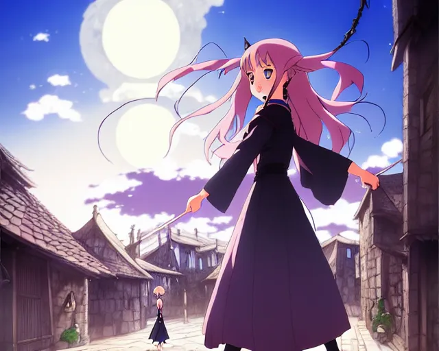 Image similar to ( ( majo no tabitabi ) ), key anime visual portrait of a young female witch walking through a busy medieval village, dynamic pose, dynamic perspective, cinematic, dramatic lighting, detailed silhouette, anime proportions, perfect anime, yoh yoshinari, ( murata range )