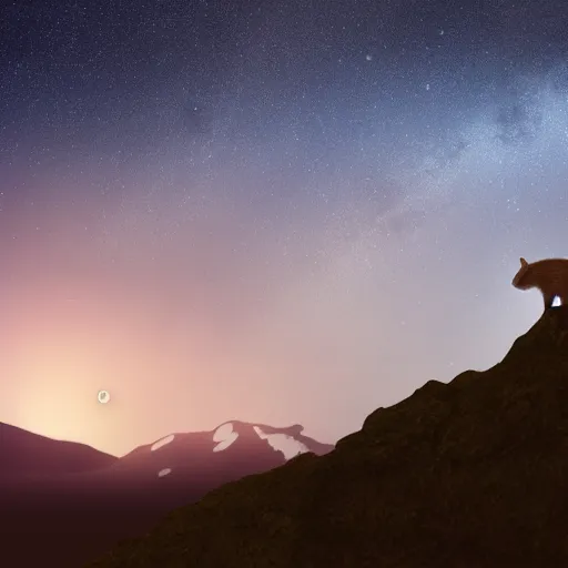 Prompt: a badger watching a starry sky with the moon rising over mountains, dreamlike, 4k,