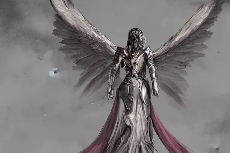 Prompt: concept art, woman angel in armor, large wingspan, dramatic pose, full color digital art