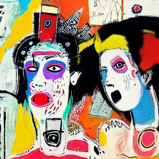 Image similar to beautiful painting of two bizarre psychedelic goth women kissing each other closeup in a cafe in japan, speculative evolution, mixed media collage by basquiat and jackson pollock, magazine collage art, sapphic art, lesbian art