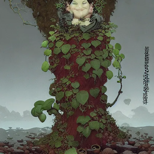 Image similar to chubby Physique Portrait of a Orchid Guy wearing an Ivy costume poison oak disguised as a human standing atop a lichen covered stone greg rutkowski jen bartel peter mohrbacher anna podedworna arthur rackham salvador dali octavio ocampo jacek yerka winslow homer norman rockwell inio asano prismacolor tombow quill