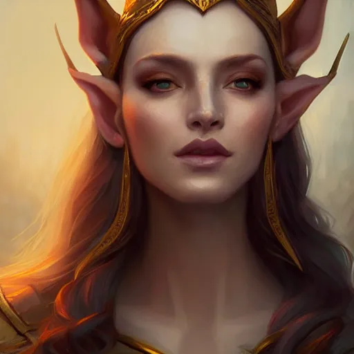 Image similar to Beautiful elegant regal high elf royalty portrait, face centered portrait, Confident, fog, volumetric lighting, beautiful, golden hour, sharp focus, ultra detailed, conceptartworld by Leesha Hannigan, Ross Tran, Thierry Doizon, Kai Carpenter, Ignacio Fernández Ríos