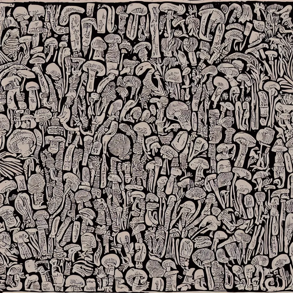 Image similar to a linocut engraving of hyeroglyphs made out of mushrooms