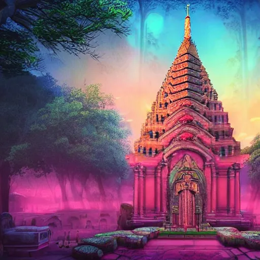 Image similar to mystical realistic poster with shaded lighting by arjun brooklyn radiant light, detailed and complex environment, solace, beautiful, utopic city in the sky with many buildings and temples reflecting an older ancient city on the ground with old growth pine trees, overlaid sacred geometry, with implied lines, gradient of hot pink and neon baby blue