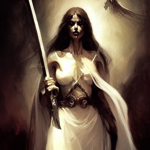 Image similar to a portrait of a beautiful angel of death holding a large scythe by marco bucci and greg rutkowski and frank frazetta, sharp focus, detailed, cinematic, closeup