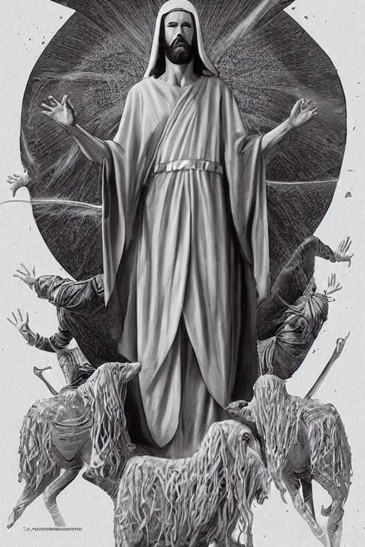 Image similar to jesus of nazareth, symmetrical, religious art, artgerm! and moebius and jodorowsky, trending on artstation,