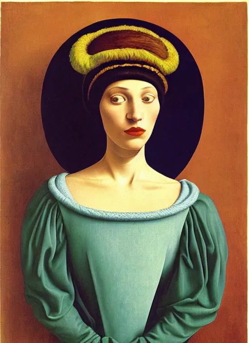 Image similar to portrait of young woman in renaissance dress and renaissance headdress, art by rene magritte