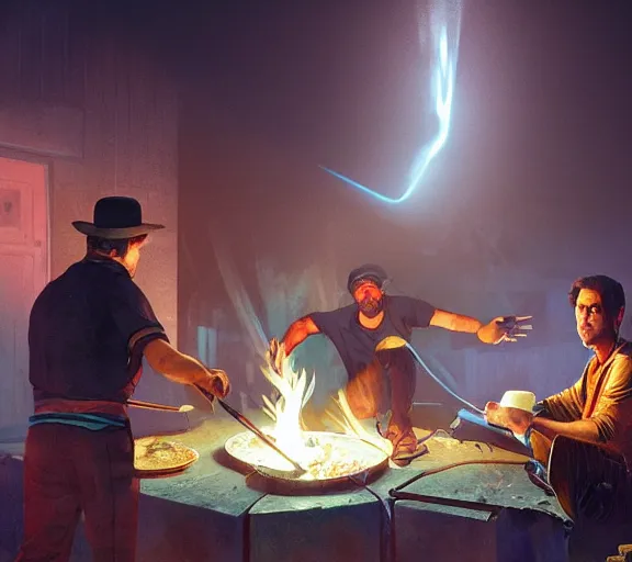 Image similar to three guys in night at the yard speaking while grilling kebabs and one guy playing guitar, volumetric lighting, glowing lights, 4k, octane, digital painting, artstation, concept art, sharp focus, illustration, cinematic film still, art by artgerm and greg rutkowski and alphonse mucha ,