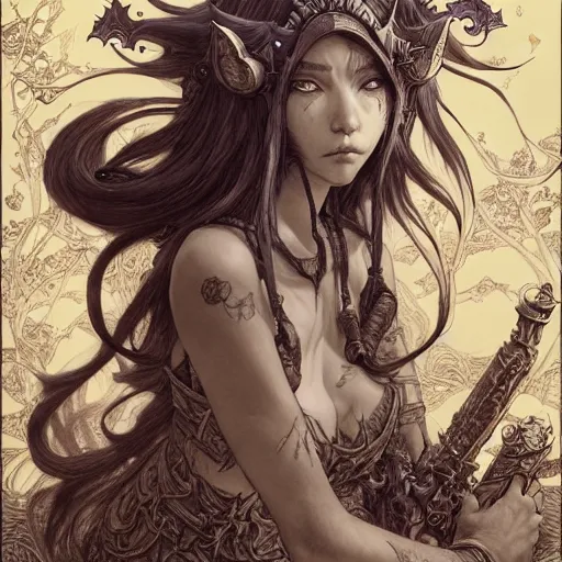 Image similar to prompt: World of Warcraft character portrait drawn Vania Zouravliov and Katsuhiro Otomo and Takato Yamamoto, inspired by Fables, magical and alchemical weapons, 3d render 8k, hyper realistic render, octane render, soft light, intricate detail, photorealistic style, intricate detailed oil painting, detailed illustration, oil painting, painterly feeling, intricate ink painting detail, sharp high detail, manga and anime 2000