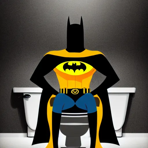 Prompt: low - angle shot of batman sitting on a toilet, dirty tiles in the wall, claustrophobic room, digital art, dramatic lights, realistic, very very detailed, 4 k, dark colours