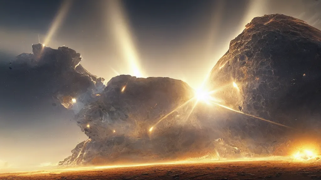 Prompt: meteorite crash earth, fault, a shock wave, pieces of land, frightening appearance, catastrophic, Breathtaking , the sun's rays through the dust, art by Jessica Rossier,