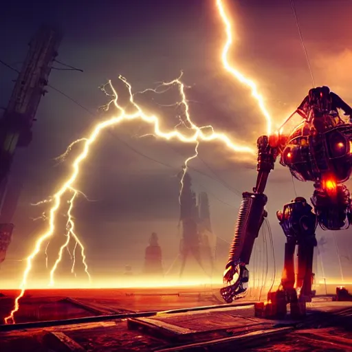 Image similar to big mech summoning lightning with its electricity coil arm, 3 d render, unity, steampunk, cyberpunk, plain background, extremely detailed, intense, epic, cinematic lighting, copper, pipes, metal, rusty, glowing electric, reflective, hdr,