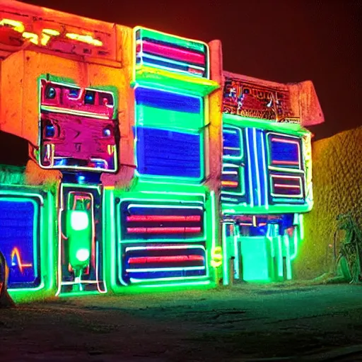 Image similar to cybernetic neon lit ndebele homestead seen from the front, street scene in blade runner