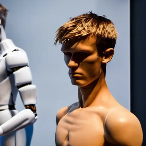 Prompt: a realistic detailed photo of a guy who is an attractive humanoid who is half robot and half humanoid, who is a male android, soccer player martin ødegaard, shiny skin, posing like a statue, blank stare, by the pool, on display, showing off his muscles, humanoid robot