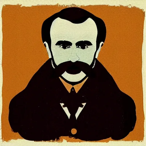 Image similar to taras shevchenko. face. old, balding, very long moustache. simple vector graphics icon by andy warhol