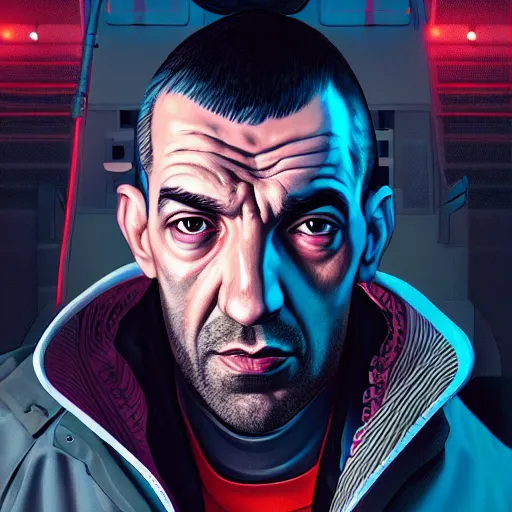 Prompt: disgusting portrait of a niko bellic, art by wlop and artgerm and liam wong, cyberpunk, neon, intricate details, trending on artstation, sharp focus, caustics, octane render, radiant light, 4 k