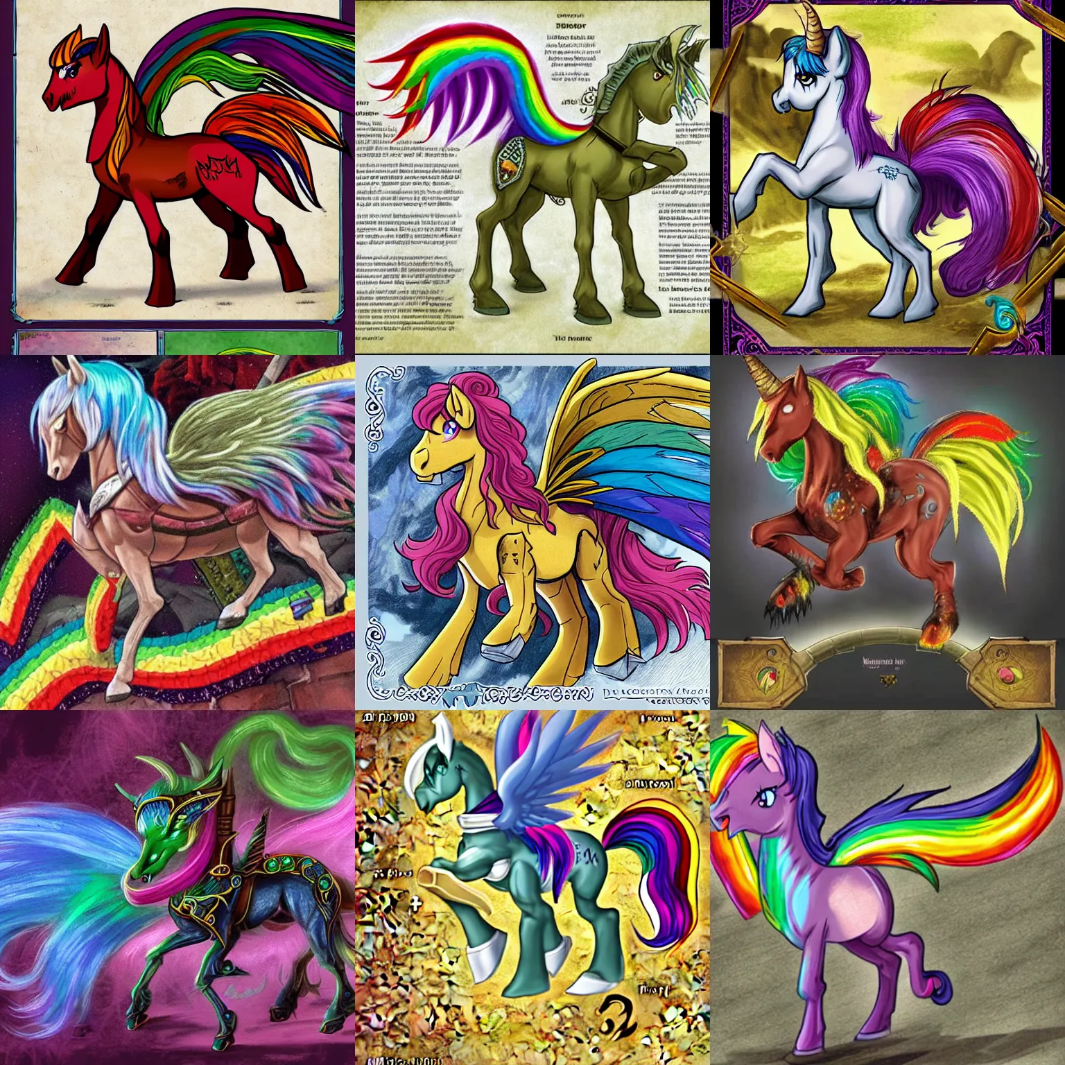 Prompt: a rainbow pony in the dungeons and dragons 3 e monster manual