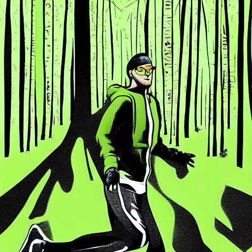 Prompt: a sporty guy, acid-green sneakers, runs alone through a forest with tall trees, art by stan lee, comics, a shot from the back in perspective, best illustration,
