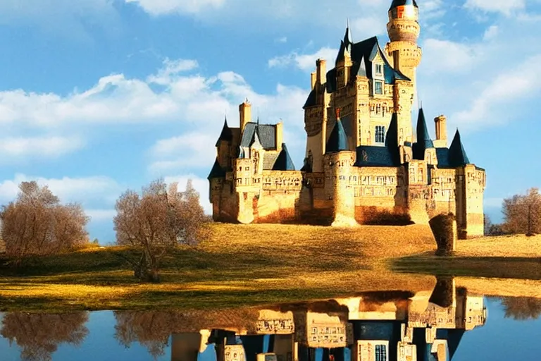 Image similar to castle, chrome, reflect, fantastic, ultra realistic!!!, clear weather, golden hour, sharp focus