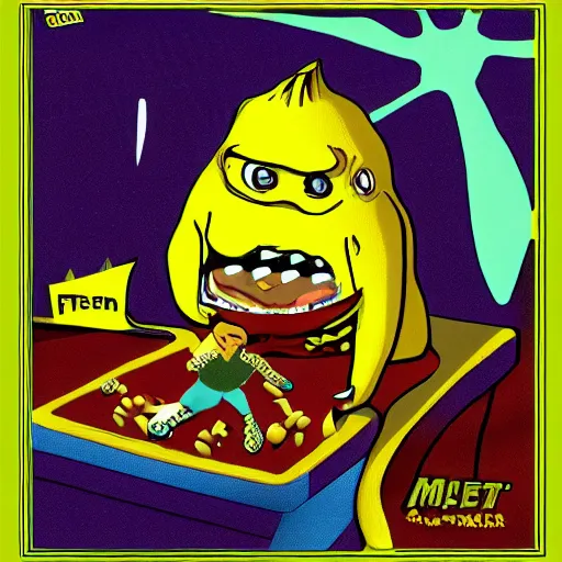 Prompt: banana monster eating star trek, in the style of meat canyon,