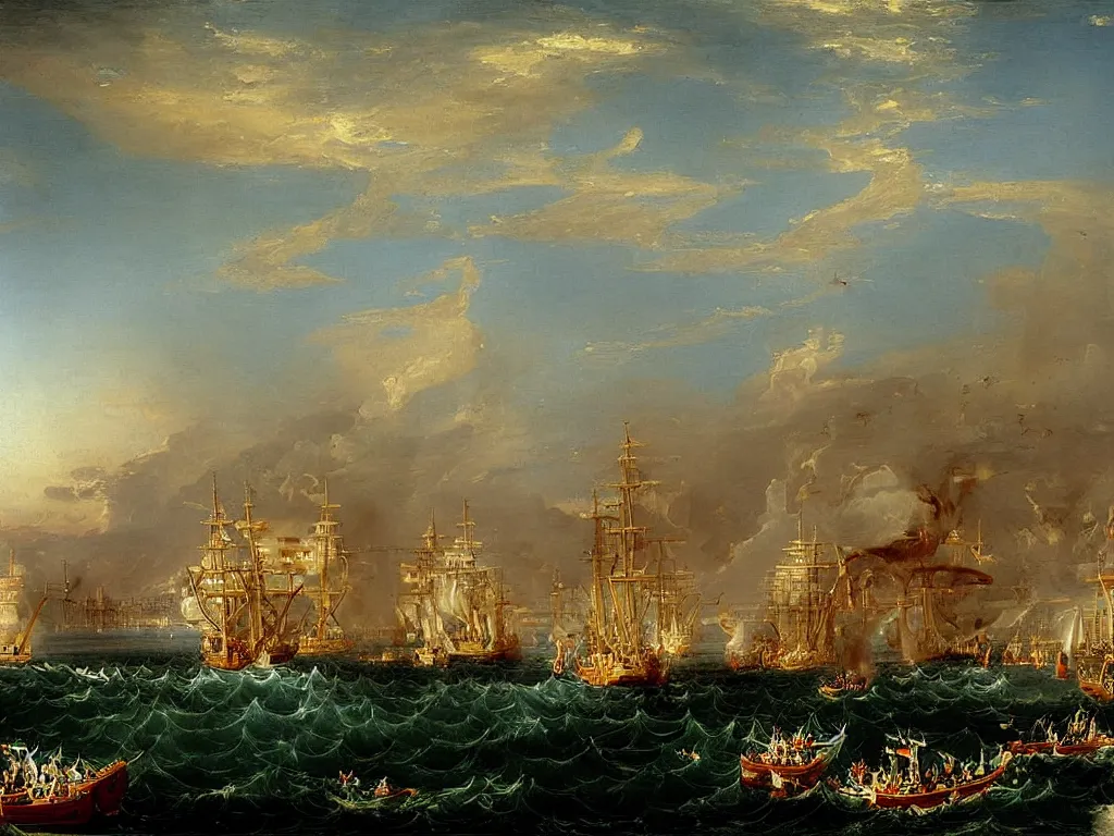 Prompt: naval battle at the port of algiers, 1 8 1 6, by thomas cole, painting